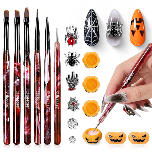Beetles Halloween Nail Art Brushes, Blood Entwined Nail Art Pens 6pcs with Pumpkin Palette Holder Halloween Charms Manicure Design Dotting Tools Draw Liner Gradient French Brushes DIY Nails Supplies