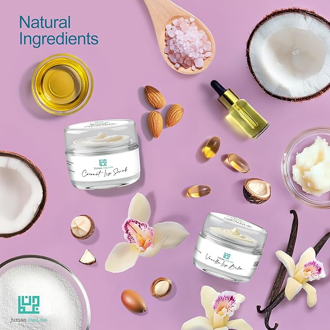 Juman Dead Sea Minerals Lip Scrub & Balm Set | Lip Exfoliator Scrub & Moisturizing Lip Balm | Vanilla & Coconut | Hydrates & Protects | With Essential Oils | Vegan | SLS & Paraben-Free