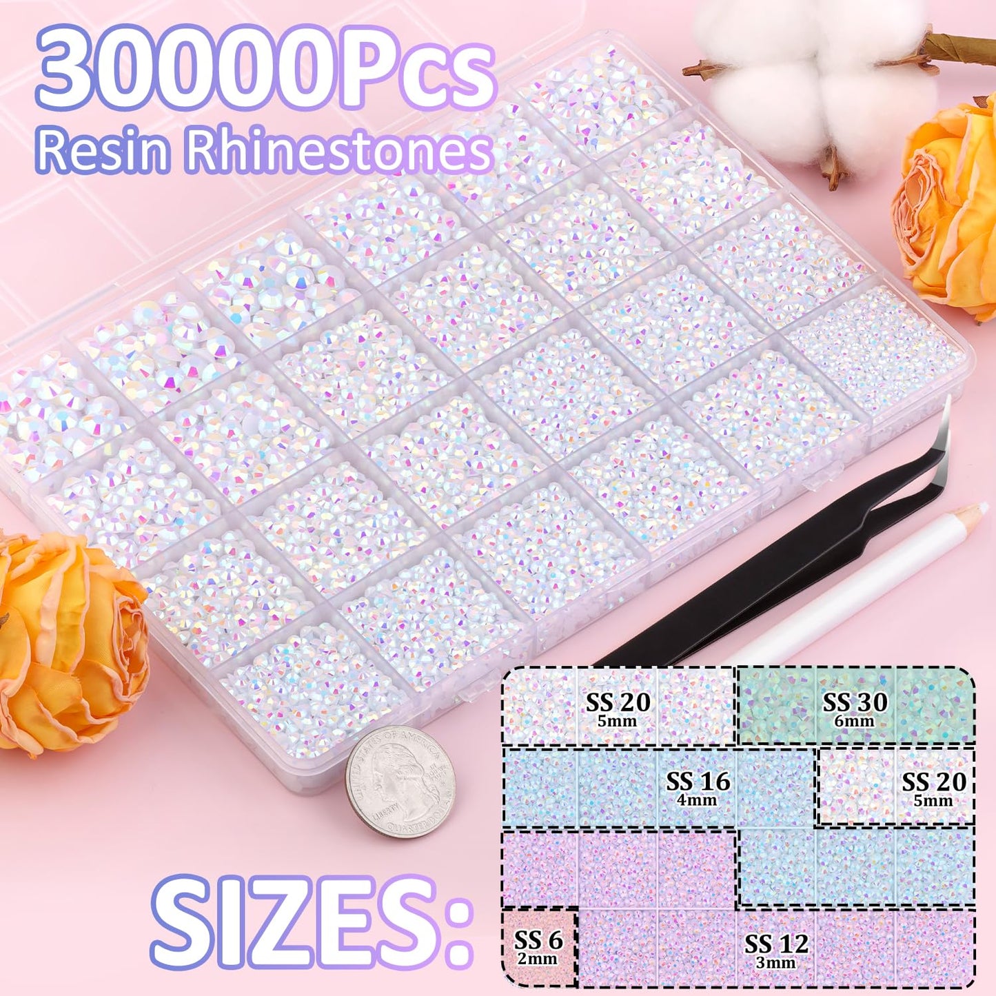 30000Pcs White AB Rhinestones for Bedazzling with B7000 Jewelry Glue, Bedazzler Kit Flatback Gems, Resin Rhinestones for Crafting Crafts Clothing Shoes Fabric Nail Art Assorted Size 2/3/4/5/6mm