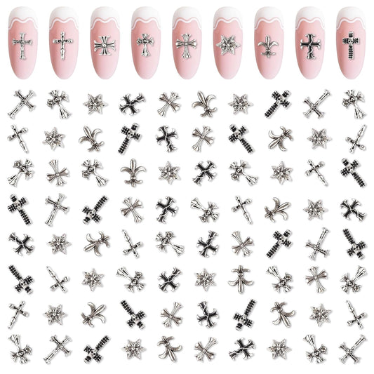 Artdone Nail Art Studs Kit, 3D Silver Cross Nail Charms and Star Gems Bulk Nail Jewels Shiny Crosses for DIY Professional Manicures Decoration