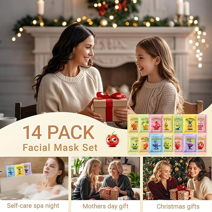 Erinde 14 Pack Fruit Face Masks Skincare for Kids, Sheet Hydrating Facial Mask for All Skin Types, Bulk Face Mask for Women Skin Care, Spa Birthday Party Gifts for Teens Girls