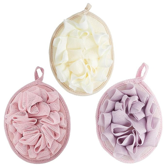 Boao Bath Shower Pouf Sponge Mesh Pouf Shower Ball Exfoliating Body Sponge Pad Scrubber Glove with Flower Bath Ball(3 Pcs,Beige,Dark Pink Purple)
