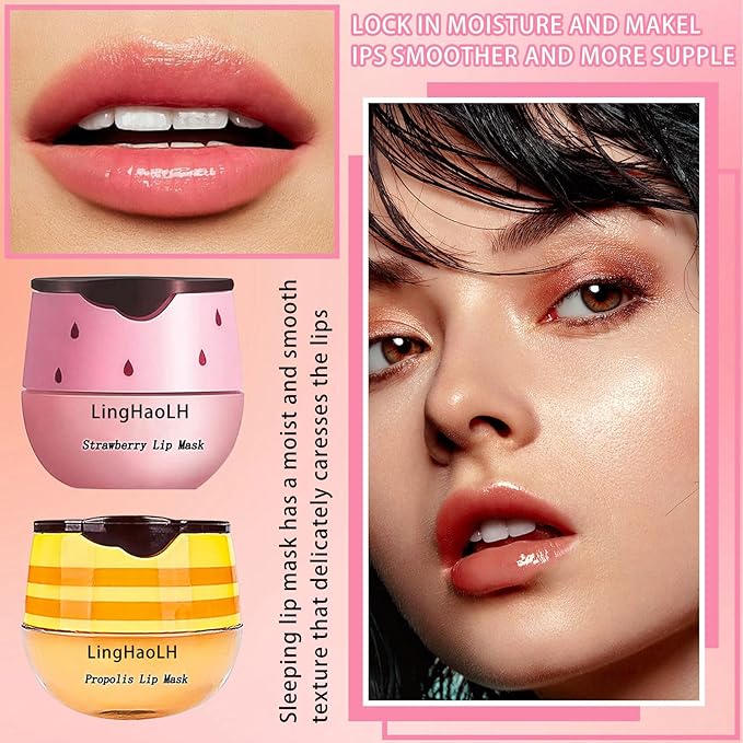 2PCS Bee Lip Balm,Hydrating Honey Pot Lip Balm with Stick,Non-Greasy Silky Sleeping Lip Mask Set,Long Lasting Lip Scrubs Moisturizer for Dry Cracked Lips（Honey ＋Strawberry）