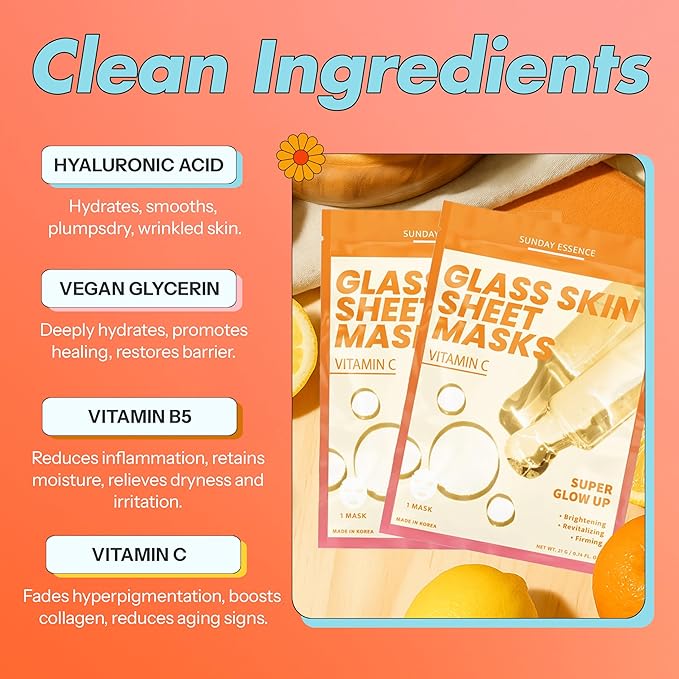 Vitamin C Face Mask – Dermatologist Tested, Anti-Aging, Korean Skin Care, Evens Tone Hydrates Revitalizes – Clean Beauty Vegan Sheet Mask for Dull Sensitive Skin – 5 Sheets