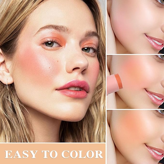 Cream Blush Stick with Brush and Makeup Sponge,Waterproof Multi Cream Makeup Stick,Lightweight,Long-lasting,2 in 1 Multi Blush for Cheeks & Lip Tint & Eyeshadow P