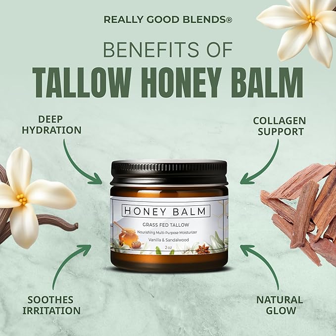 Tallow and Honey Balm, Organic Body Butter, Grass-Fed Beef Tallow for Skin, Soothing All-Natural Moisturizer for Body and Face | Made in USA - 2 oz (Sandalwood Vanilla)