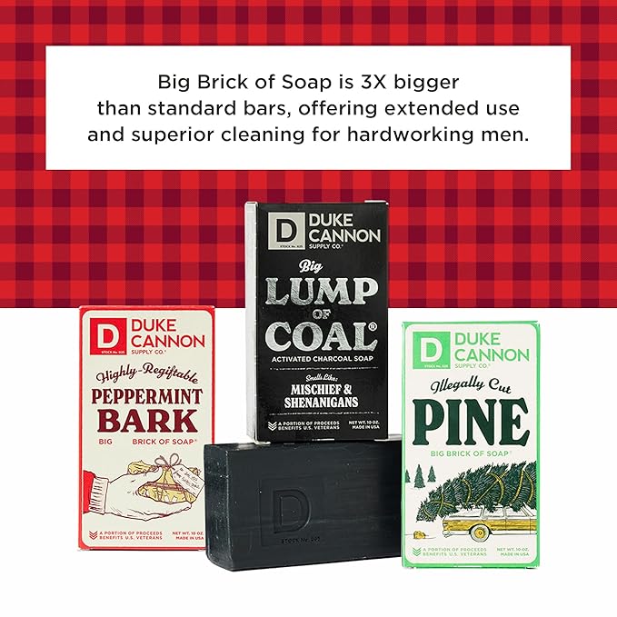 Duke Cannon Supply Co. Big Brick of Soap Bar For Men - Lump of Coal, Illegally Cut Pine & Peppermint Bark, Holiday Variety 3 Pack, 10 oz. Bar Soaps