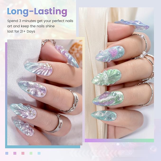 RARJSM Aurora Mermaid Cat Eye Gel Nail Polish Set 6 Colors Velvet Silver Glitter Pink Green Blue Purple Galaxy Star Shimmer Gel Polish with Magnetic Stick UV LED Curing Requires Soak Off Home Salon