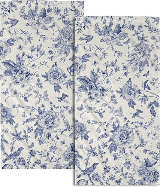 Giwawa Chinoiserie Flowers Hand Towels Blue Leaves Decorative Bath Towel Set of 2 Soft Absorbent Towel for Kitchen Guest Room Bathroom Gym Decor
