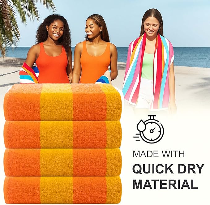 CASA COPENHAGEN Malibu Beach Towels Designed in Denmark Rough and Tough, Quick Dry, for Pool, Bath & Shower 30x60 inches 4 Pieces Cotton Beach Bath Towels Set - Orange