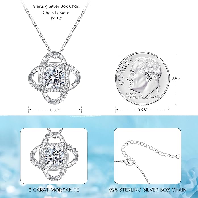 MOOSEA Christmas Gifts for Women Wife - 925 Sterling Silver Love Knot Moissanite Necklace 1-3ct D Color VVS1 Clarity Lab Created Moissanite, Anniversary Birthday Gifts for Women Wife Mom Girlfriend