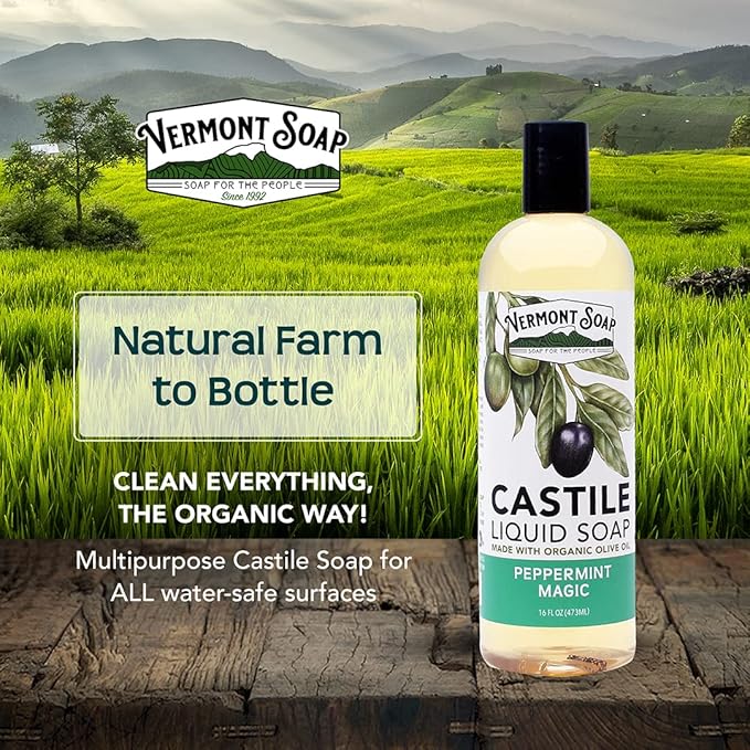 Vermont Castile Soap Peppermint, Gentle Liquid Soap for Sensitive Skin & Natural Body Wash, Organic Hair Shampoo for Oily Hair, Aloe Castile Soap for Men & Women - 16 Oz