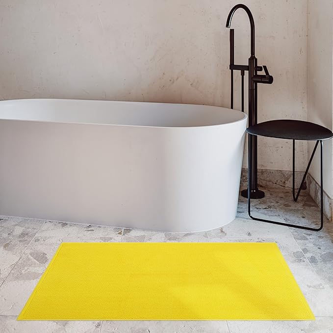 Cotton Paradise 100% Cotton Non Slip Bath Mats for Bathroom, 20x34 inch Soft Absorbent Quick Dry Machine Washable Floor Bath Mat, Yellow Bath Rug