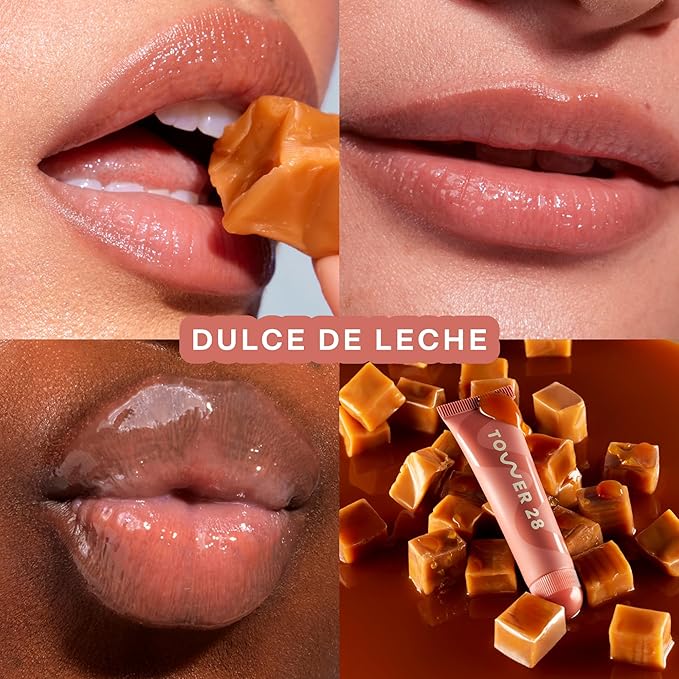 Tower 28 LipSoftie Hydrating Tinted Lip Treatment Balm, Moisturizing Lip Mask for Chapped Lips - Dulce de Leche Flavor, Sheer Nude Gloss