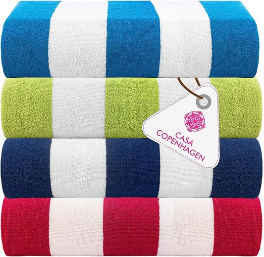 CASA COPENHAGEN Cabana Beach Designed in Denmark Rough and Tough, Quick Dry, Pool, Bath & Shower 30x60 inches 4 Pieces Cotton Beach Bath Towels Set - Turquoise, Green, Pink, Royal Blue