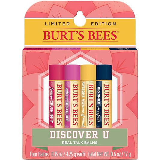 Burt's Bees Lip Balm, Moisturizing Lip Care, 100% Natural, Discover U - Original Beeswax, Watermelon, Dragonfruit Lemon & Vanilla (4 Pack)