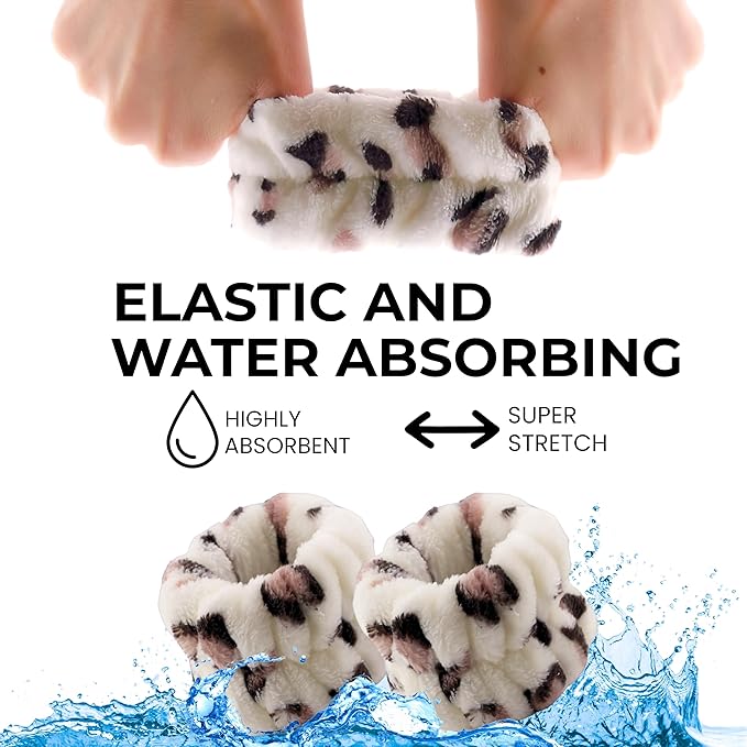 Spa Headband Wrist Band for washing face set Sponge Makeup Skincare Headband Wrist Towels Bubble Soft Terry Towel Cloth Hairband for Women Puffy Headwear Non Slip Thick Thin Hair Headwear (Leopard)