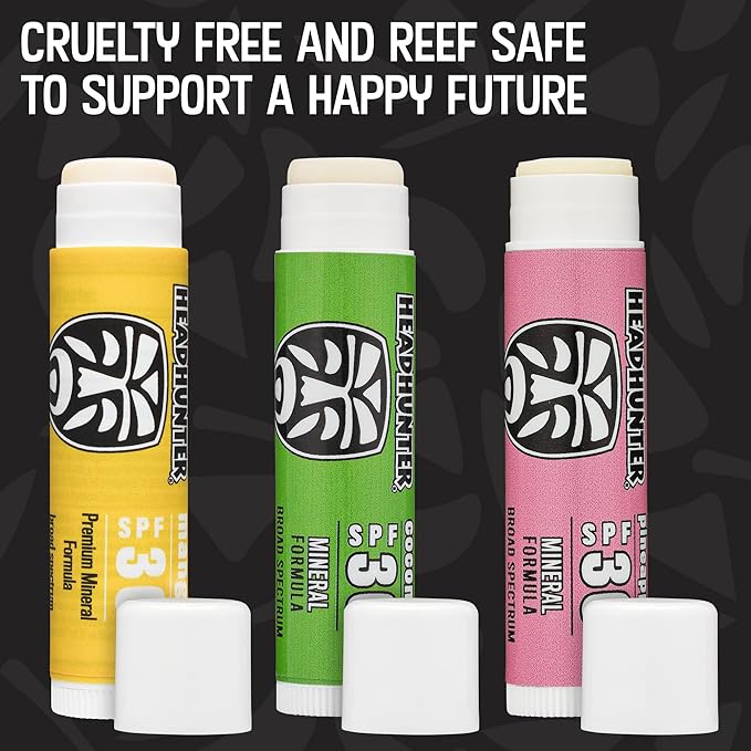 Headhunter Sport Chapstick Sunscreen SPF 30, Natural Mineral Waterproof Lip Balm For Sun Protection, Ultra Solar Defense - Reef Safe Sunblock Chap Stick, 3 Flavors - Coconut, Pineapple, Mango (12 Pack)