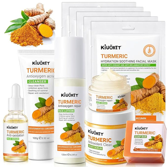 Turmeric Skin Care Set for Women - 11 PCS Turmeric Skincare Set with Cleanser, Soap, Scrub, Face Serum, Lotion, Cream, Facial Masks - Skin Care Sets & Kits Reduce Acne, Hydrating Skin for All Skins