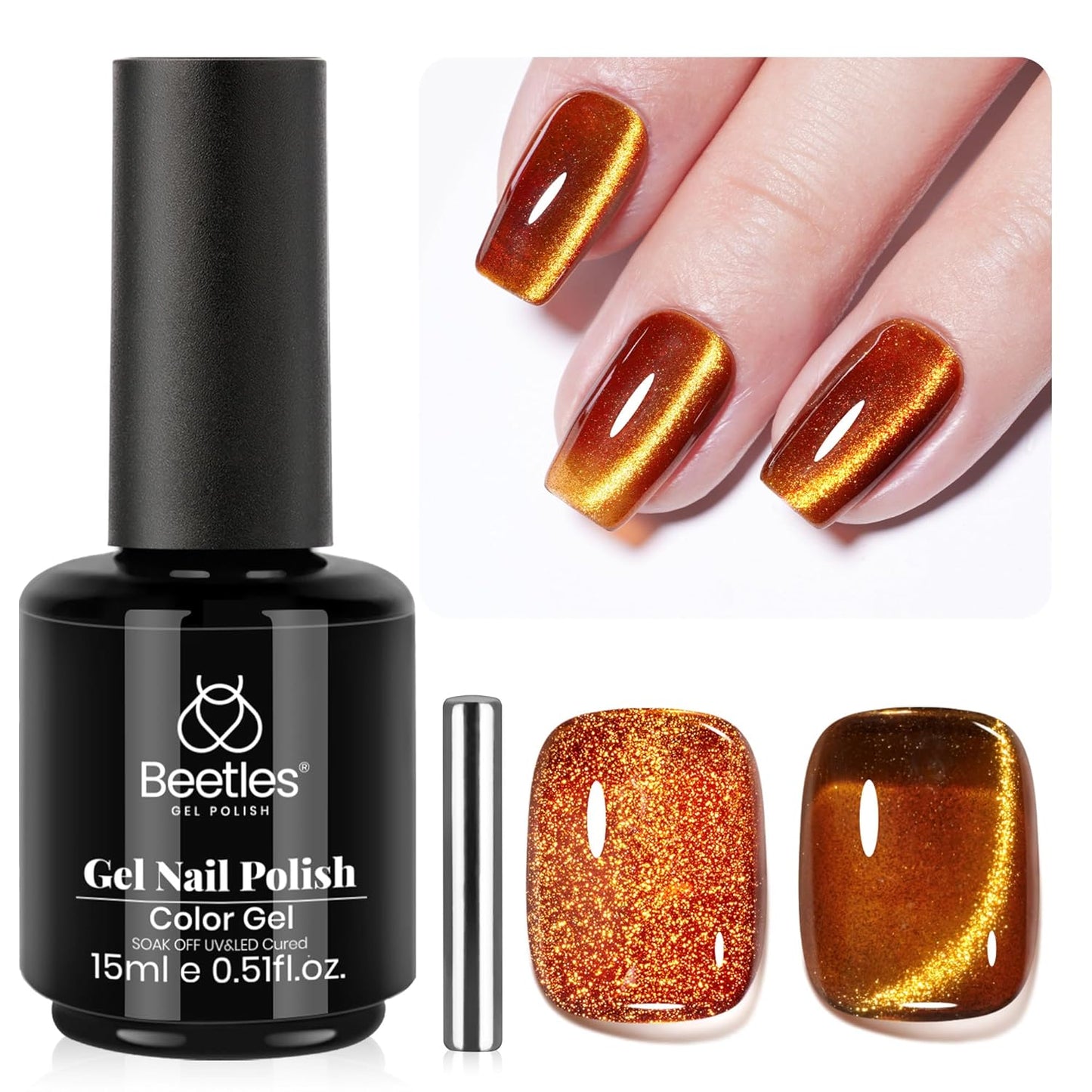Beetles Brown Cat Eye Gel Nail Polish - Amber Glint Cat Eye Gel Polish, 15ML Fall Brown Gold Powder Magnetic Glitter Gel Polish Soak Off UV French Nail Art Salon DIY Manicure Gift for Women