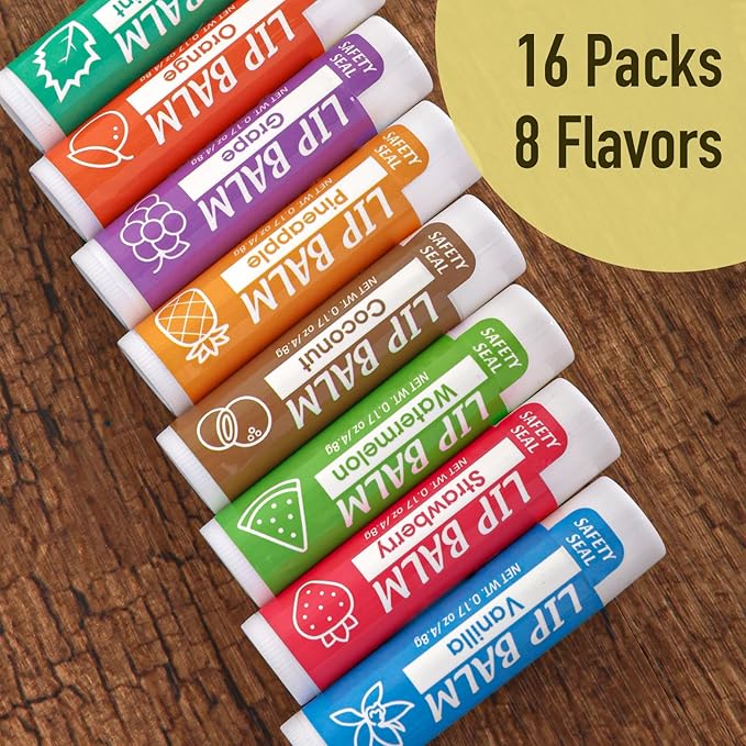 16 Pack Lip Balm, Natural Lip Balm Bulk with Vitamin E and Coconut Oil, Moisturizing Lip Balm for Dry Cracked Lips, Lip Balm for Stocking Stuffers - 8 Flavors