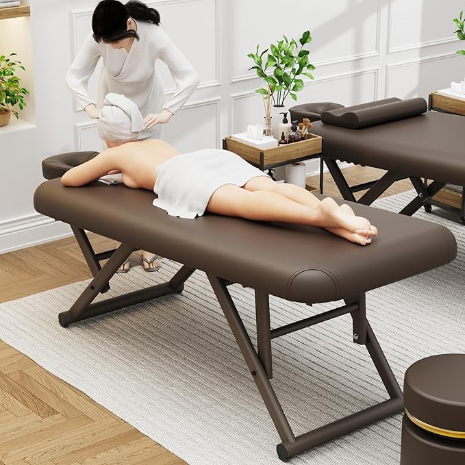 Dolonm Height Adjustable Massage Table with Face Pillow & Headrest for Treatment Table, Physical Therapy Table, Spa Facial Professional Massage Bed - Fixed Backrest, Brown