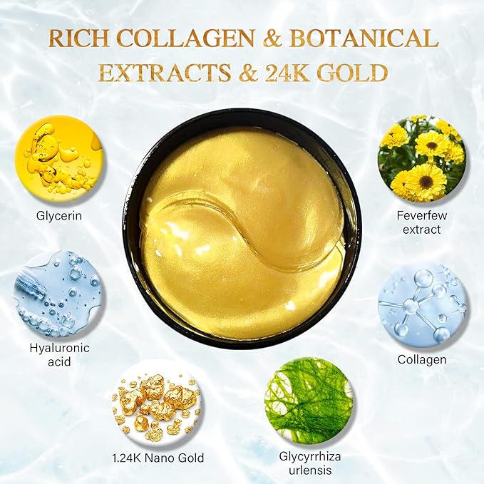 Under Eye Masks - 24K Gold Under Eye Patches for Puffy Eyes and Dark Circles - Under Eye Treatment, Fine Lines & Puffiness, 30 Pairs Collagen Eye Gel Pads for Personal Care