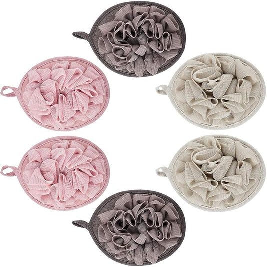 Boao 6 Pcs Bath Shower Pouf Sponge Mesh Pouf Shower Ball Exfoliating Body Sponge Pad Scrubber Glove with Flower Bath Ball (Khaki,Coffee,Pink)
