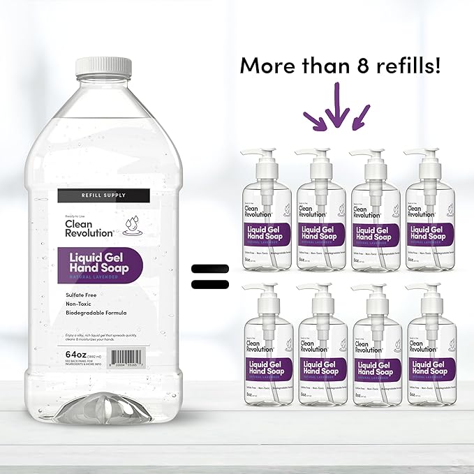 Clean Revolution Liquid Gel Hand Soap, Silky Rich Liquid, Quick Lather, Fast Rinsing, Contains Real Essential Oils (Natural Lavender) 64 Fl Oz
