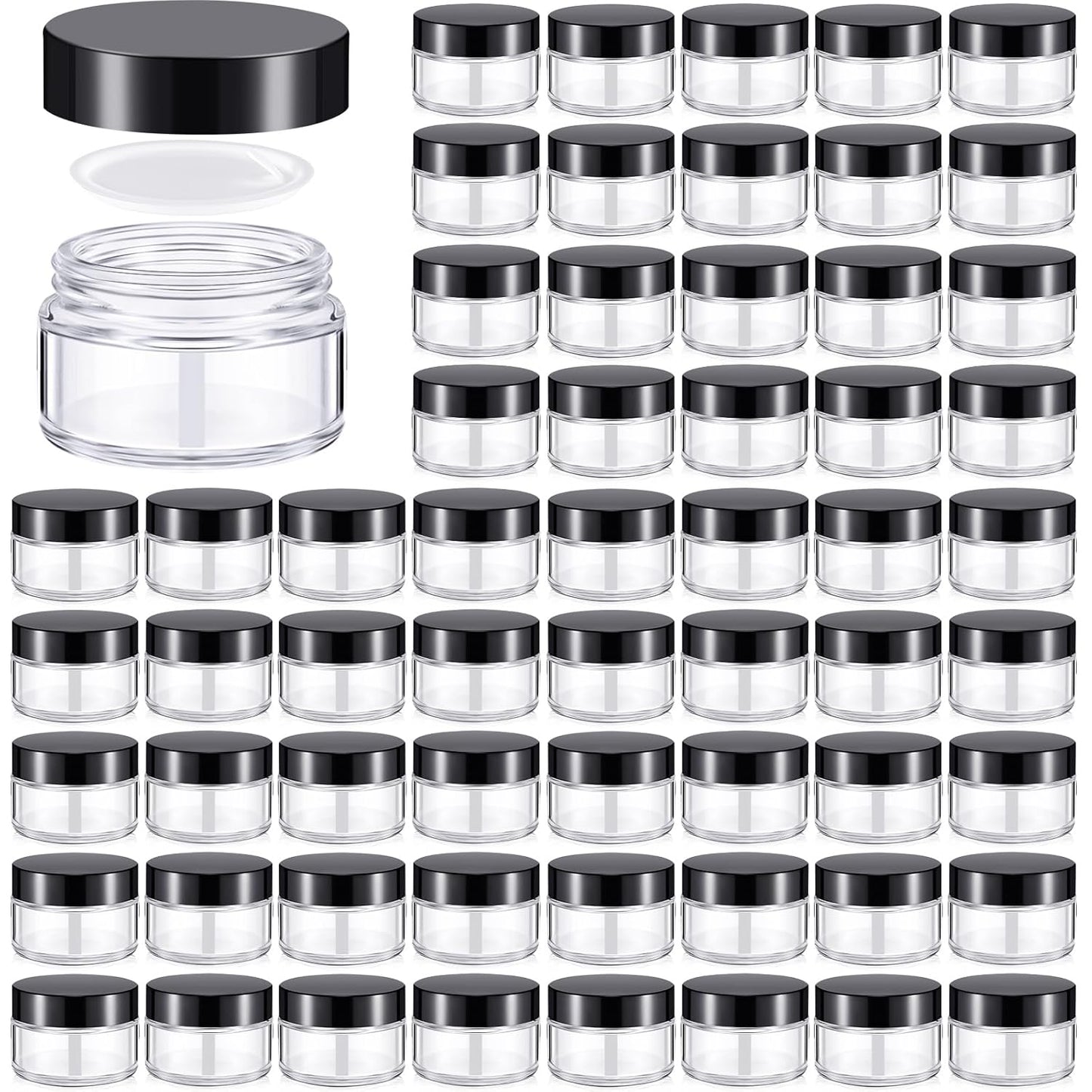 Domensi 100 Pcs 1 oz Glass Jars with Lids Bulk Round Glass Cosmetic Jars Lids 1 oz Small Travel Containers with Inner Liner for Lotions Powders Ointments Sample Cream(Clear, Black)