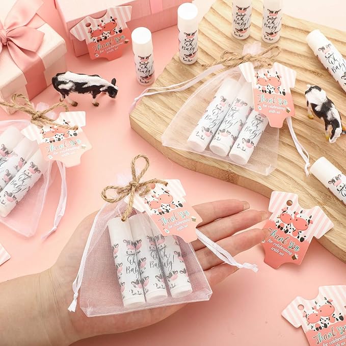 Demissle 50 Pcs Baby Shower Lip Balm Gift Set with 100 Pcs Organza Bags Baby Shower Party Favor for Guest Thank You Tag Rope Baby Shower Party Decoration Gender Reveal Souvenirs(Cow)