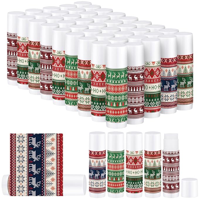 Dunzy 50 Pcs Lip Balm in Bulk Christmas Gift Set Moisturizing Lip Ugly Sweater Baby Shower Party Favor Supplies with Assorted Fruit Flavors for Women Men Dry Chapped Lips Holiday Gift Prize