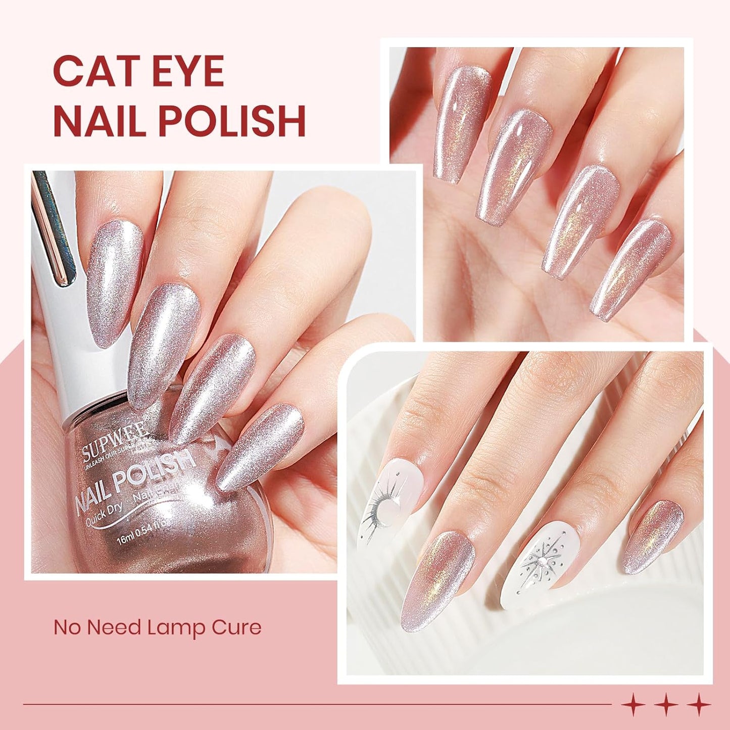 Coupled Pink Cat Eye Nail Polish Non Gel with Magnet Quick Dry Magnetic Nail Polish for Fingernail Air Drying Fast Lacquer Manicure Gift For Women Girls 16ml, 0.54fl oz