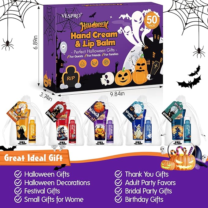 VESPRO 50 Pack Halloween Hand Cream and Lip Balm Set, Bulk Halloween Gifts with Halloween Cards and Organza Bag, Halloween Decorations and Halloween Party Favors Goodies for Women