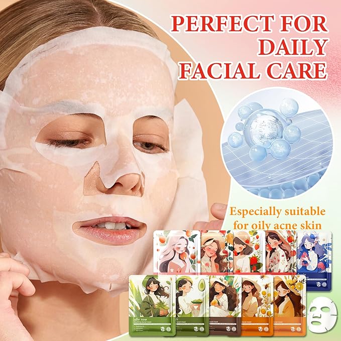 10 Pack Variety Facial Sheet Masks Skin Care Set, Hydrating Bulk Sheet Face Masks Skincare Gifts Set for Women Men, Long Lasting Moisturizing Face Mask Skincare for All Skin Type（02)
