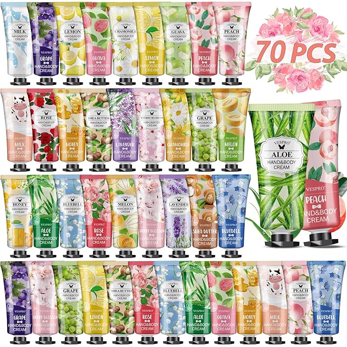 VESPRO 70 Pack Hand Cream Set, Stocking Stuffers for Women, Christmas Gifts, Bulk Hand Lotion Travel Size for Dry Cracked Hands, Mini Hand Lotion for Bridal Shower Gifts and Bridesmaid Gifts