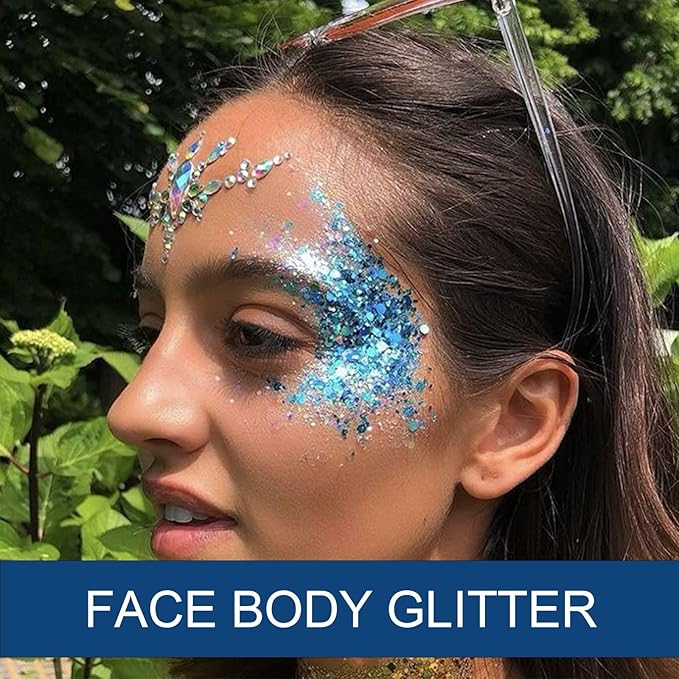 Body Glitter Gel - Halloween Costumes for Women, Sparkly Chunky Glitter Hair for Kids, Halloween Christmas Singer Concert Festival Rave Accessories (Blue Body Glitter)