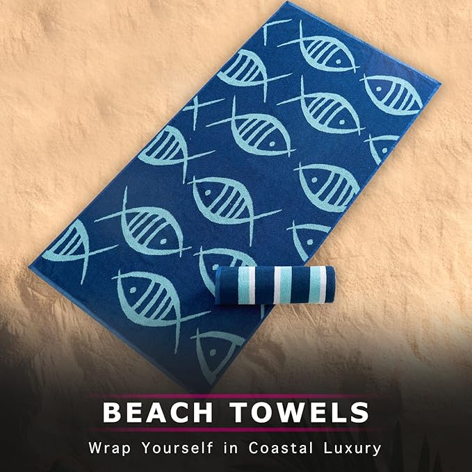CASA COPENHAGEN Miami Bath Towels Designed in Denmark Rough and Tough, Quick Dry, for Pool, Bath & Shower 30"x60", 2 Pieces Cotton Beach Towels Set - Fish Navy + Turquoise Stripe