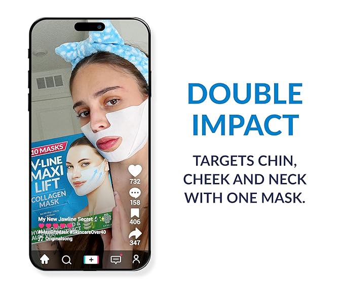 Stylia MaxiLift V-Line Lifting Collagen Face Mask - Advanced Double Chin Reducer - Jawline Shaper - Neck Firming and Tightening Mask with Hyaluronic Acid & Aloe Vera - Chin Strap for Sleeping - 10PC