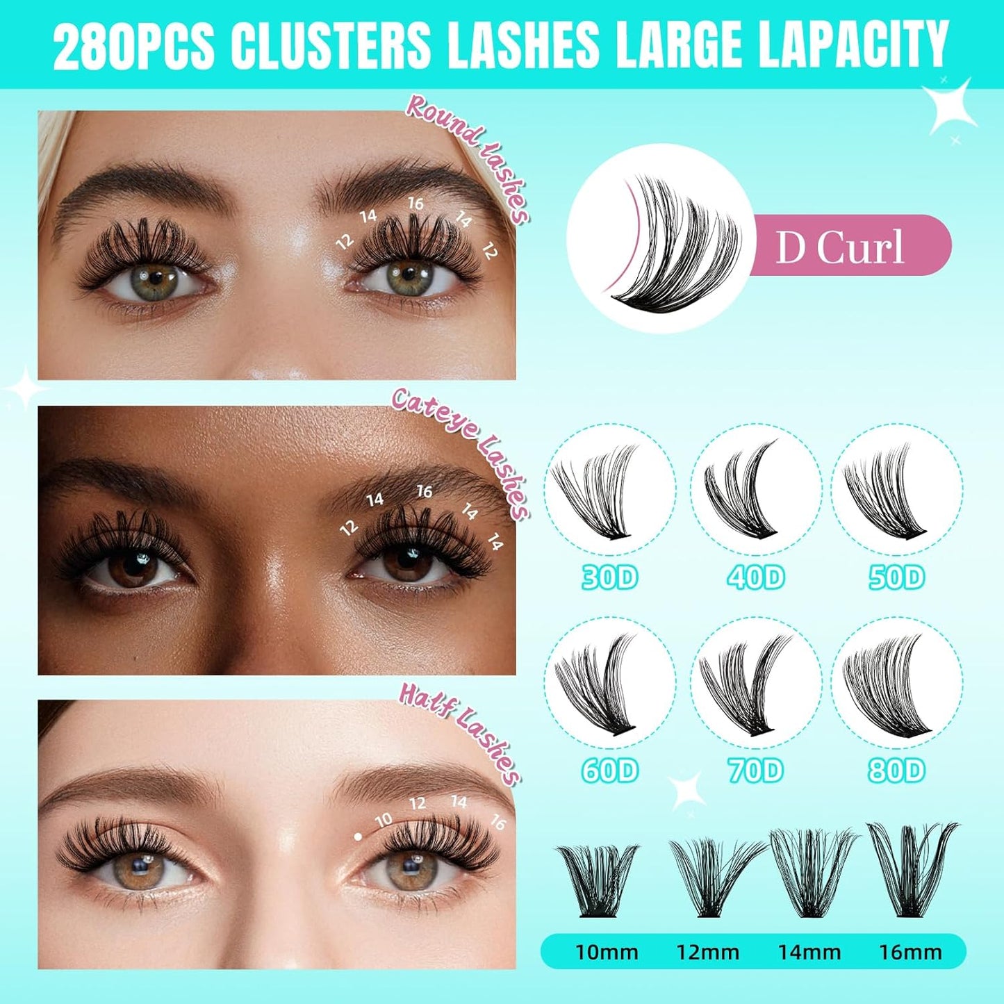 Lash Clusters Wispy 280PCS Eyelash Extension 70D Cluster Lashes Individual Lashes DIY Lash Extension Natural Look Cluster Eyelash Extensions Soft False Eyelashes at Home for Beginners(16mm)