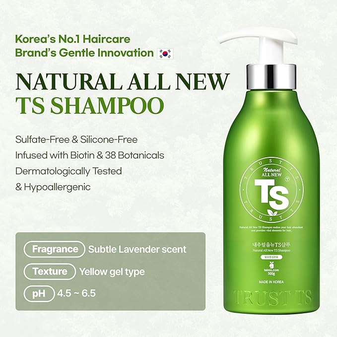 TS Natural All New TS Shampoo | Korean Shampoo for Sensitive Scalp | Hair & Scalp Care with Salicylic Acid and Natural Ingredients | Sulfate-Free Dandruff & Itchy Scalp Relief (16.9 Fl Oz / 500mL)