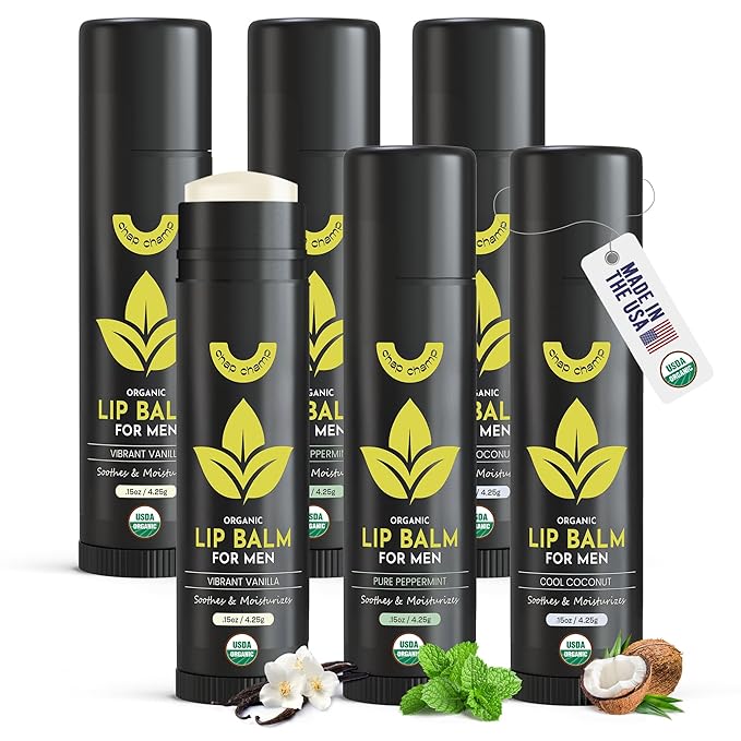 Lip Balm for Men - USDA Organic Certified Chapstick for Men - All Natural Ingredients - Contains Vitamin E and Beeswax - Peppermint, Coconut & Vanilla - MADE IN THE USA (6 pack)