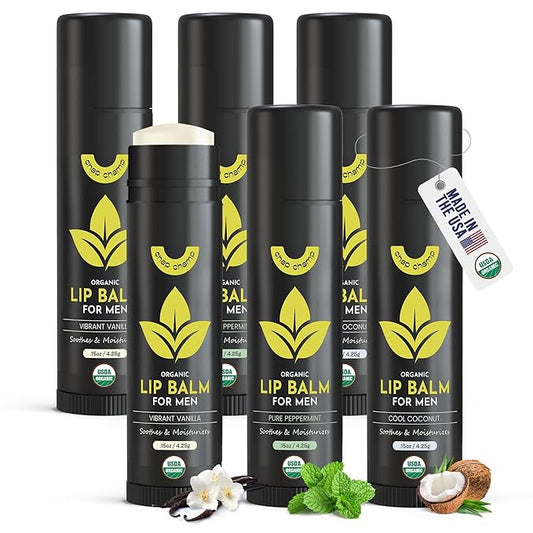 Lip Balm for Men - USDA Organic Certified Chapstick for Men - All Natural Ingredients - Contains Vitamin E and Beeswax - Peppermint, Coconut & Vanilla - MADE IN THE USA (6 pack)