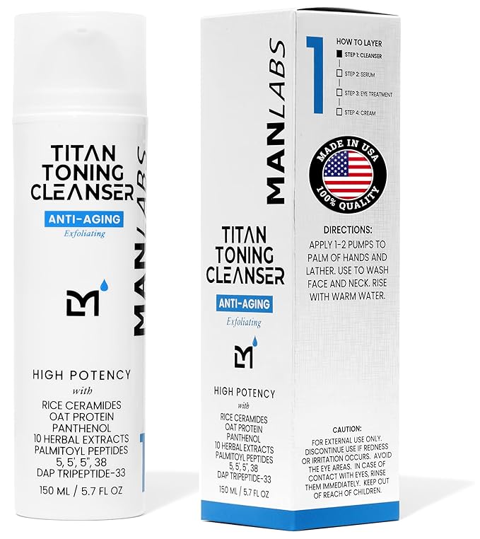 Titan Anti-Aging Mens Face Wash – For Men, Cleanse, Hydrate, Revitalize – Gentle Exfoliating Face Cleanser – Men, Skin Care – Herbal Extracts, Ceramides, Peptides, All Skin Types – Unscented