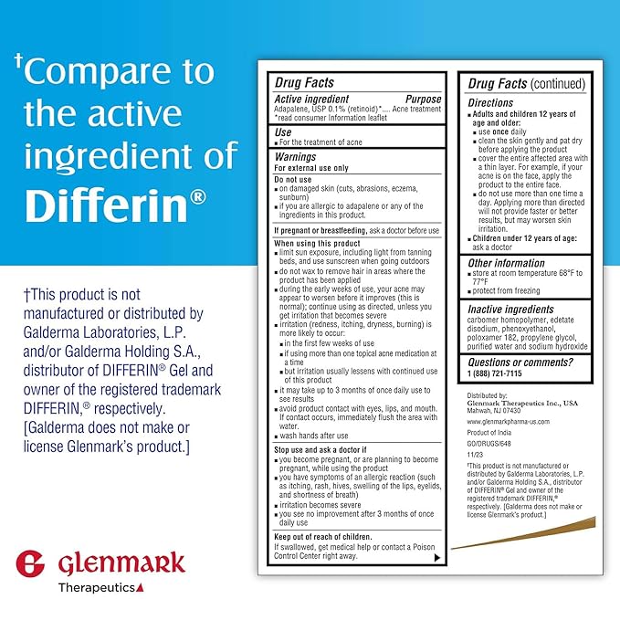 Glenmark Therapeutics Adapalene Gel 0.1% Acne Treatment, Paraben Free Topical Retinoid Cream For Face, Helps Clear and Prevent Acne and Clogged Pores, 45g Tube