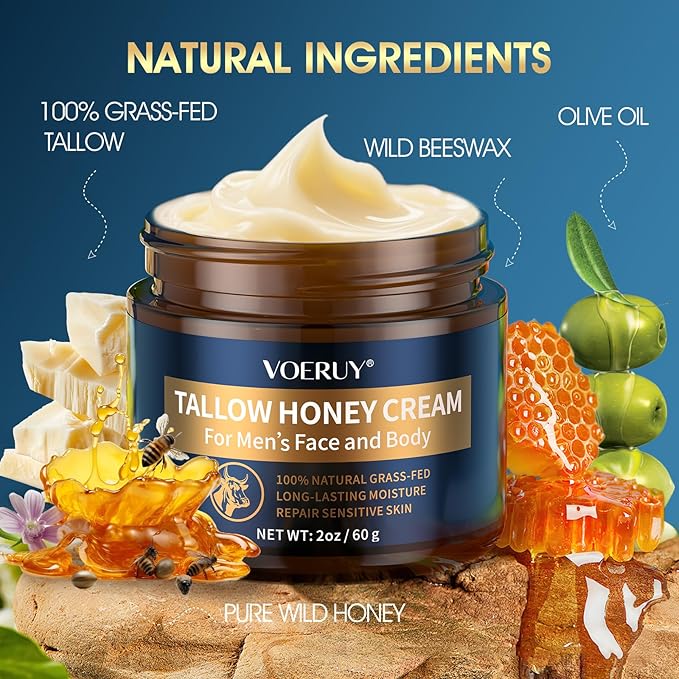 Mens Face Moisturizer Cream - Anti Aging & Wrinkle for Men with Tallow Balm & Raw Honey, Natural Grass-Fed Tallow Moisturizer for Face, Facial Skin Care & Eye Lotion - Day & Night, 2oz/60g