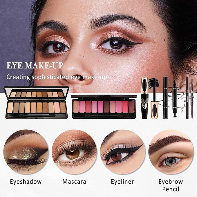 All In One Multipurpose Makeup Kit for Women,Travel Makeup Set,Makeup Gift Full Kit,Includes Foundation Eyeshadow Palette Lipstick Mascara Eyeliner Blusher Cosmetic Brush Set with Makeup Bag-Set C