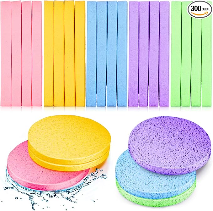 Patelai 300 Pieces Face Cleansing Sponge Wash Round Face Sponge Makeup Removal Sponge Pad Compressed Soft Facial Sponge Exfoliating Sponges, Pink, Purple, Blue, Yellow, Green for Women