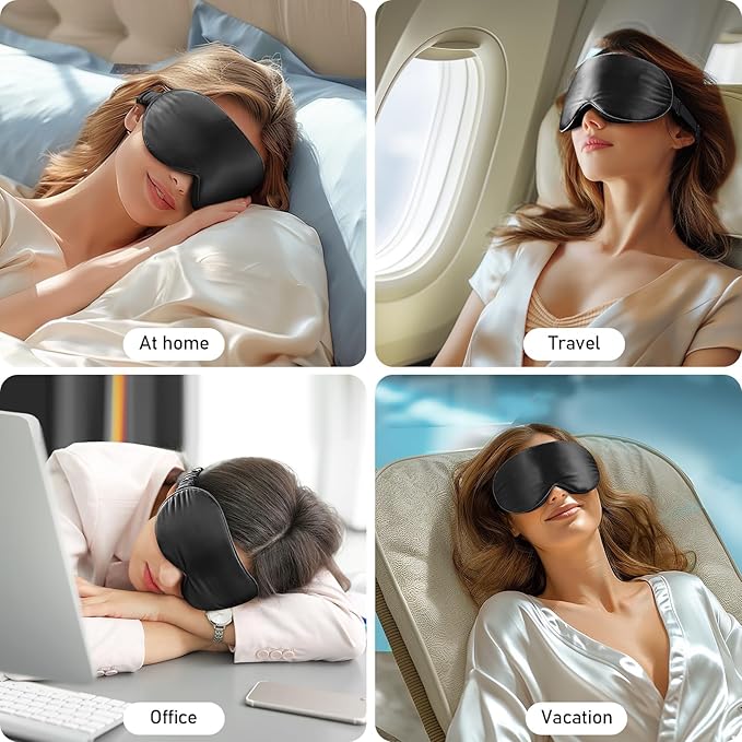 LitBear 100% 22 Momme Mulberry Silk Sleep Mask - 3D Contoured Eye Mask for Men & Women, Soft Breathable Sleeping Mask with Adjustable Strap, Perfect Blocks Light for Sleeping (Black)