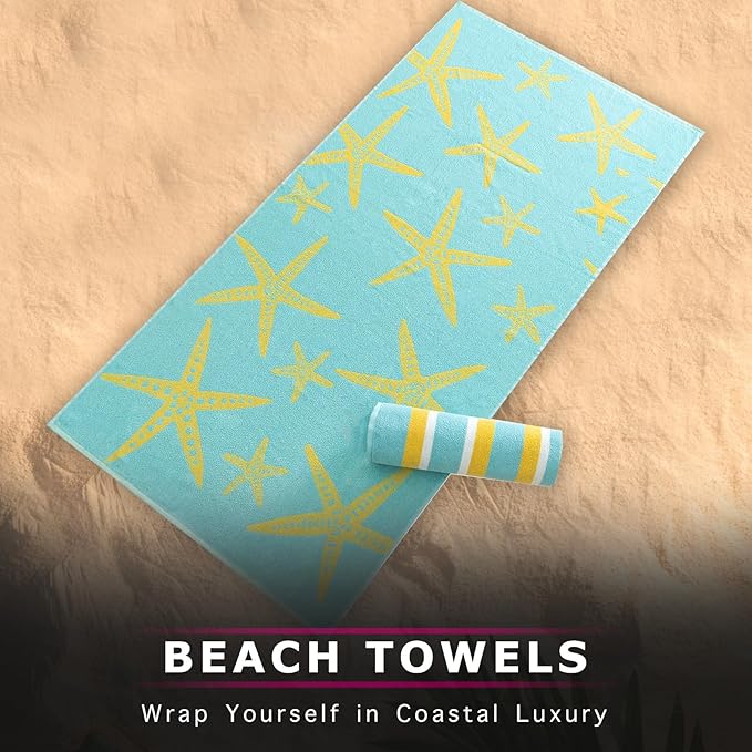 CASA COPENHAGEN Miami Bath Sheets Designed in Denmark Rough and Tough, Quick Dry, for Pool, Bath & Shower 35"x70", 2 Pieces Cotton Beach Towels Set - Star Fish Teal + Yellow Stripe
